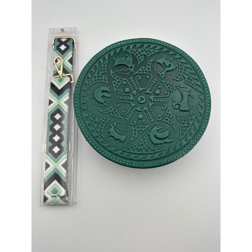 Round Tooled Calf Leather Canteen Bag Teal Green Celtic Tribal Western Purse
